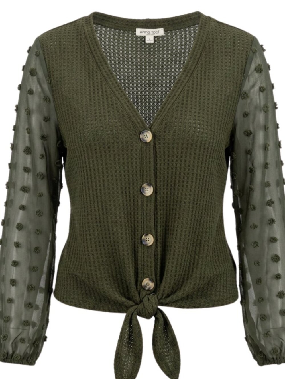 Army Green V Neck Button Front Sweater with Tie at Waist